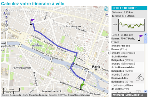 Calcul d'iItinéraire vélo sur paris.fr
